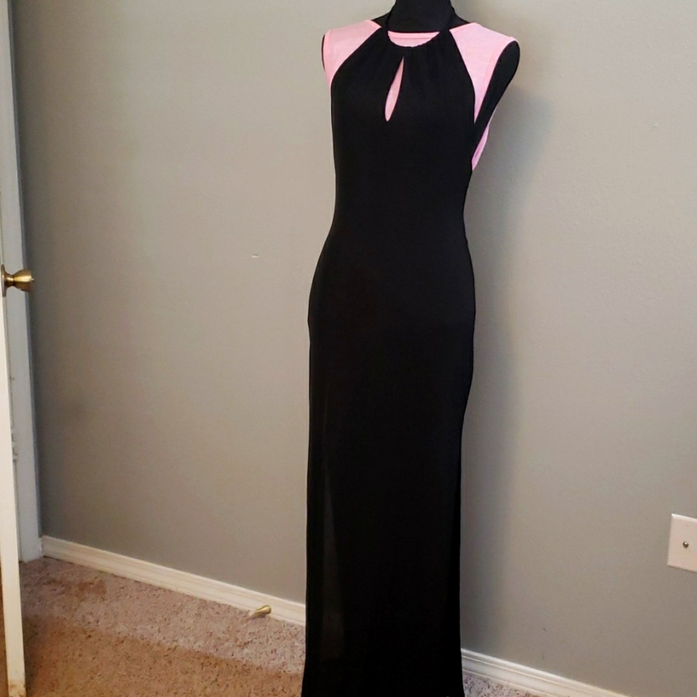Tadashi Backless Halter Maxi Dress- Black, XS (pink is for contrast only)